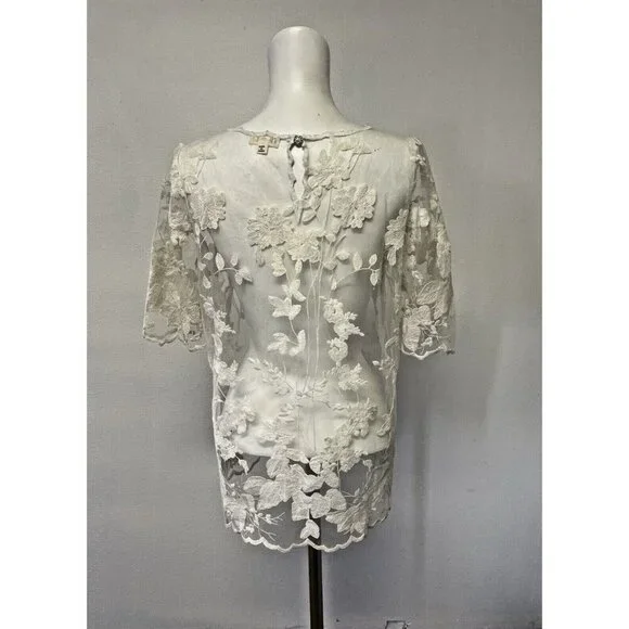 Pol Blouse Womens Small Ivory Sheer Embroidered Shirt Top Floral - Picture 4 of 13